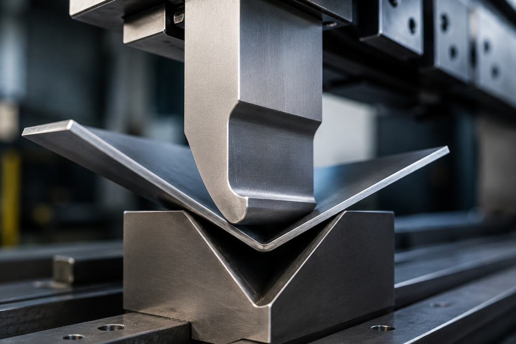 Press brake punch radius bending sheet metal on industrial tooling